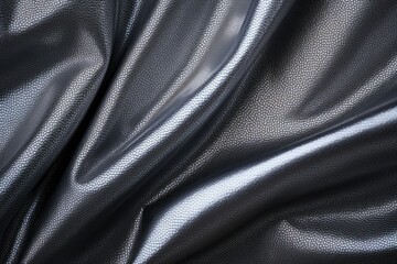 Fototapeta premium Smooth shiny steel silver faux leather. Textured dense fabric draped with folds and waves. horizontal background or backdrop