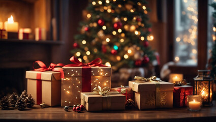 Fototapeta na wymiar Pacchetti di regali di Natale con sfondo natalizio, albero di Natale e luci