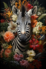 Portret zebry wyglądającej zza kolorowych kwiatów 