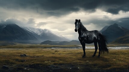 Standing in the solitude of the flat terrain is a black horse, representing the spirit of the wilderness and the charm of the open countryside.