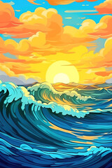 Fototapeta na wymiar Golden Sunset and Turquoise Waves: Animated Seascape