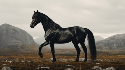 Standing in the solitude of the flat terrain is a black horse, representing the spirit of the wilderness and the charm of the open countryside.