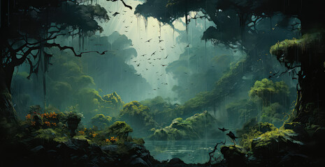 Egzotyczny krajobraz lasu tropikalnego z ptakami i górami w tle. 