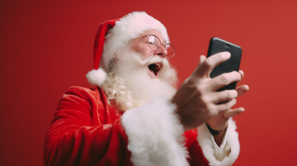 Santa Claus on christmas eve looking at the cellphone surprise for a discount on an app