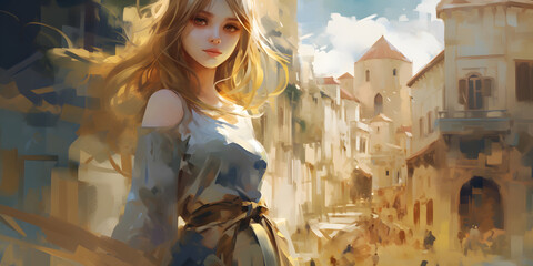 Fototapeta premium Beautiful girl with dress in medieval city, fantasy digital painting