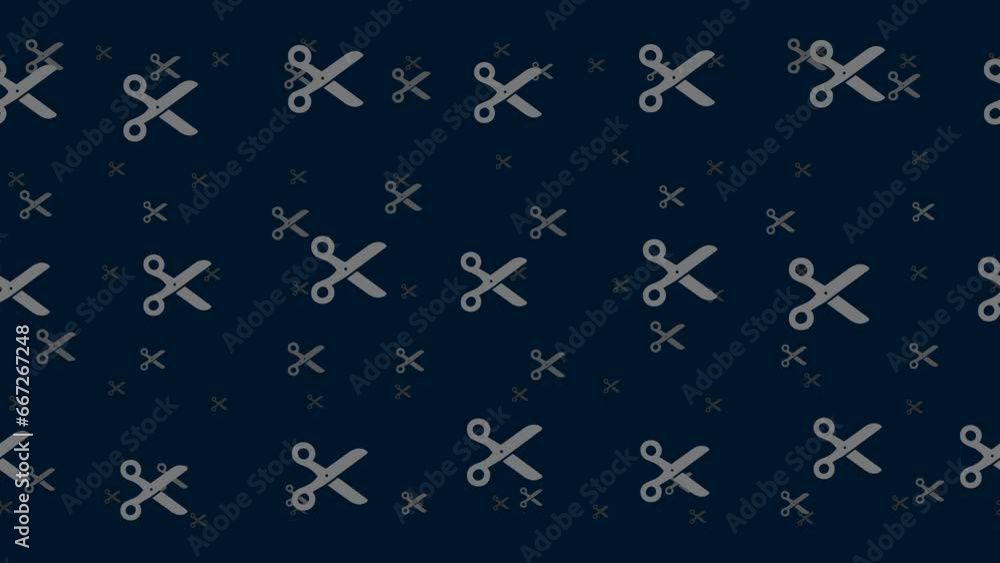 Poster scissors symbols float horizontally from left to right. parallax fly effect. floating symbols are lo