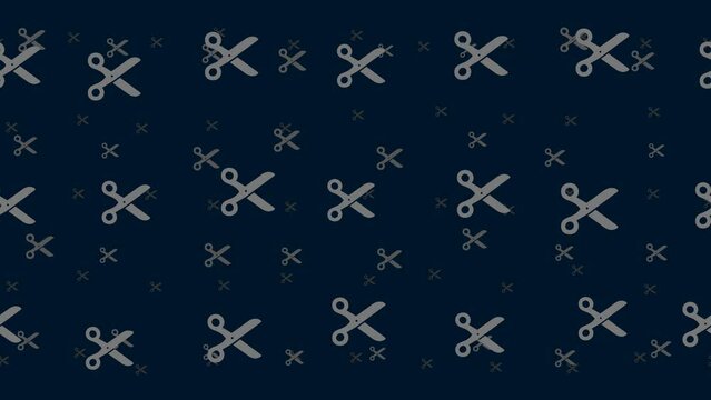 Scissors symbols float horizontally from left to right. Parallax fly effect. Floating symbols are located randomly. Seamless looped 4k animation on dark blue background