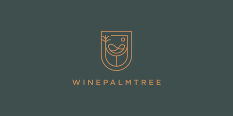Wine Glass Palm Tree Logo Design with Outline Style. Beach Sunset Palm Tree Vector Illustration.