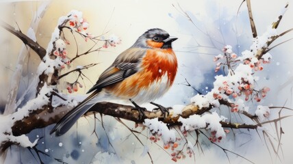 Winter wildlife: watercolor painting of a bird sitting on a snowy branch in the middle of icy nature