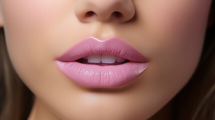 Feminine face with an open mouth with pink lipstick and blonde curls