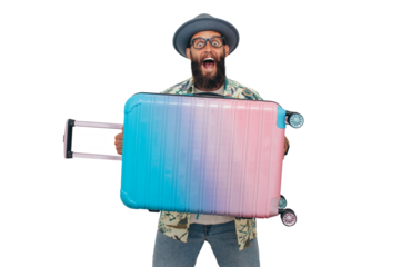 Funny portrait of an emotional jumping guy in a hat and Hawaiian shirt with a suitcase on wheels. Magazine style collage. Flyer with trendy colors, advertising copy space. Vacation and tourism concept