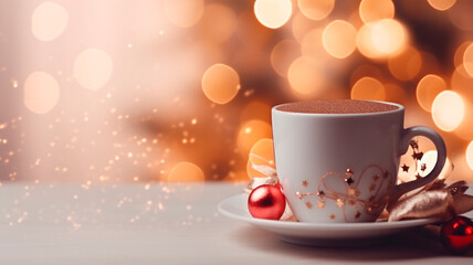 Obraz premium A cup in hot cocoa, close-up, Christmas decorations, delicate bokeh and warm color. Generative AI