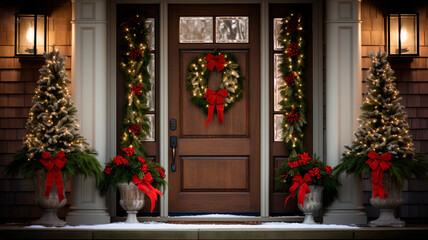 a front door decorated with a festive Christmas wincheck. Generative AI 