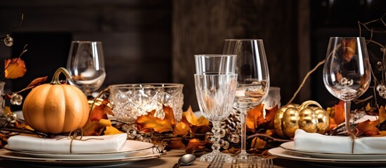 Decorate rustic farmhouse table with mini pumpkins and crystal glasses for Thanksgiving or Halloween