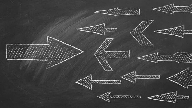 Conflict of interest or confrontation, change concept, opposition, think differently. Rivalry metaphor. Competitiveness symbol. Illustration on blackboard.