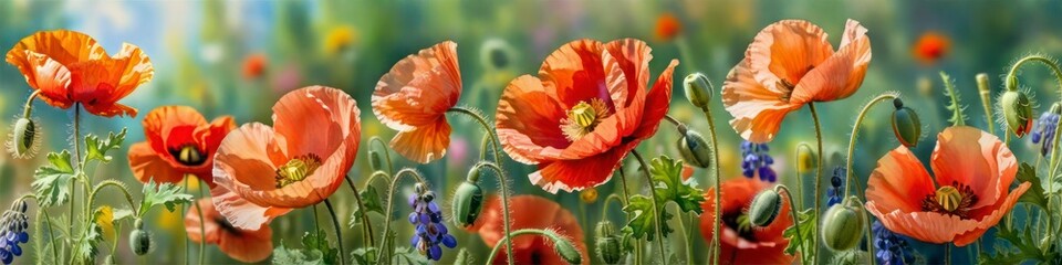 Obraz premium Panoramic illustration of poppies in watercolor style, background for your design, concept Valentine's or birthday or Mother's Day or Women's Day.