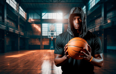 Naklejka premium portrait black male basketball player with the court in the background