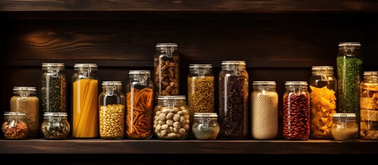 Food items stored in glass containers at home including pasta cereal salt wine and groceries