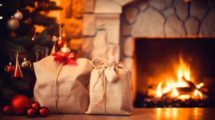 bag with gifts on the background of fireplace and Christmas tree, warm and gentle bokeh, Generative AI