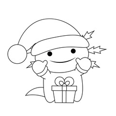Cute cartoon Axolotl Santa Claus and gift box in black and white