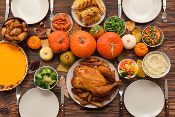Festive dishes with pumpkins for Thanksgiving Day on dark wooden background