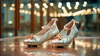 Close-up, pointe shoes for ballet, against the background of a dance hall with a machine and mirrors. Generative AI