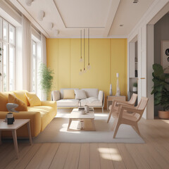 Fototapeta premium Interior of living room with yellow wall and coach in modern house.