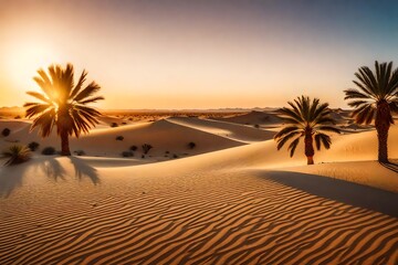 Palm trees in a sandy desert with sunset background