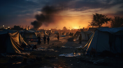 Refugee camps. Rows of tents for temporary accommodation of those who fled war and lost their homes and property. - obrazy, fototapety, plakaty