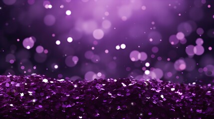 Purple Background of Bokeh Lights with shiny Particles. Festive Template for Holidays and Celebrations
