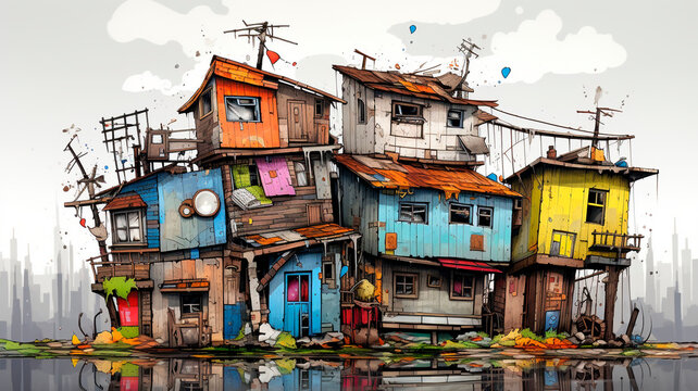 Colorful caricature, architectural drawing, dilapidated, unstable house. Generative AI