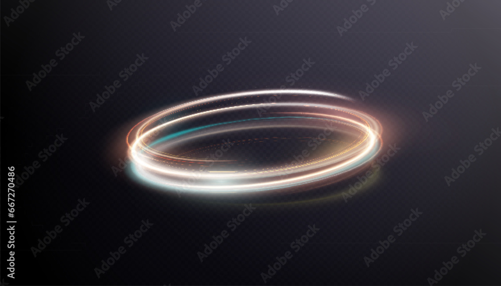 Poster abstract glowing gold ring in cyberpunk style. a bright train of luminous rays swirling in rapid mot