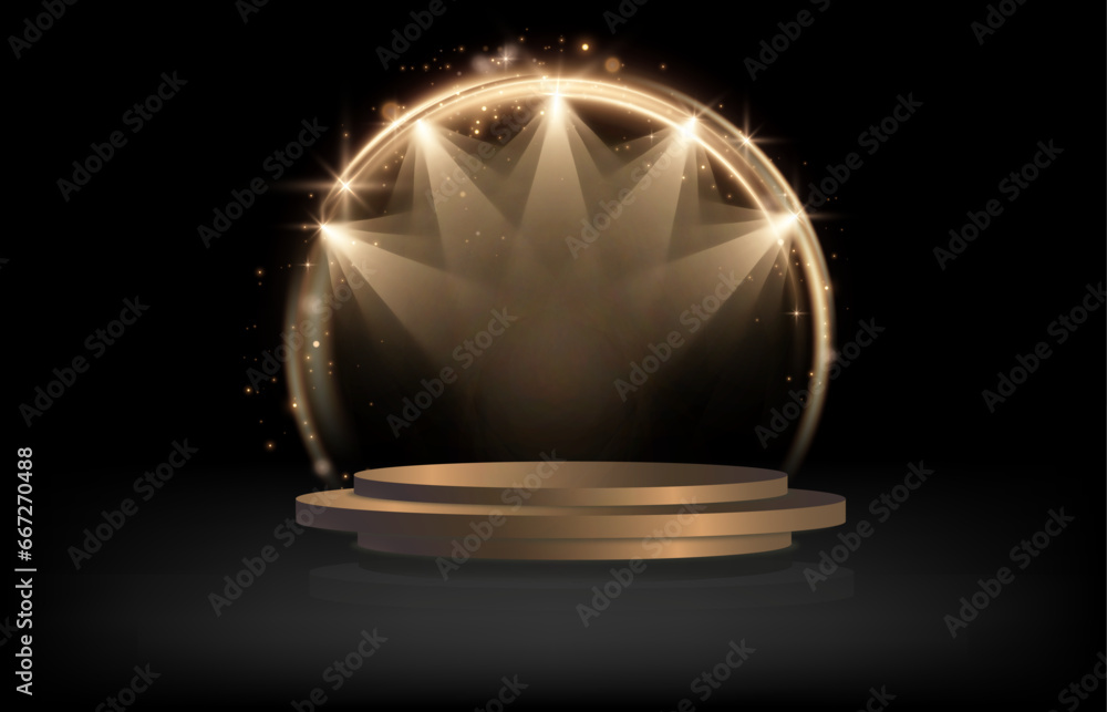 Poster Podium for product presentation vector illustration. Abstract empty award platform with light round frame, bokeh effect and rays of light.