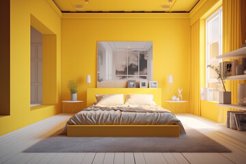 Modern bedroom interior. Bright yellow color