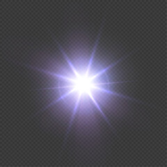  Glow of a purple star on a transparent background. Flash of light, sun, twinkle. Vector for web design and illustrations.	
