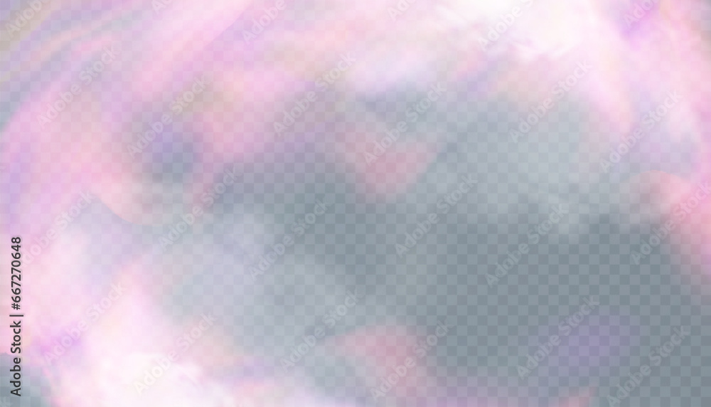 Poster Colored clouds of smoke on a transparent background. Abstract banner template with smog overlay effect. Vector