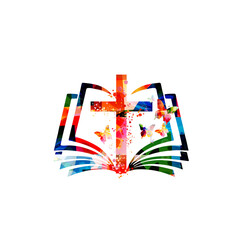 Colorful bible with christian cross isolated vector illustration. Religion themed background.