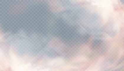 Colored clouds of smoke on a transparent background. Abstract banner template with smog overlay effect. Vector