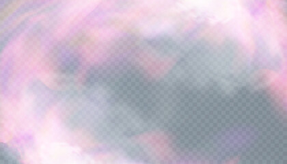 Colored clouds of smoke on a transparent background. Abstract banner template with smog overlay effect. Vector