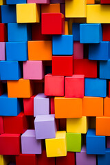 Fototapeta na wymiar Colorful wall of blocks is shown in this image,.