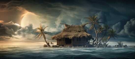 Bamboo dwelling in a tropical cyclone - obrazy, fototapety, plakaty