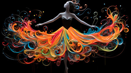 Lithograph, ballerina, splattered colors on black surface. Generative AI - obrazy, fototapety, plakaty