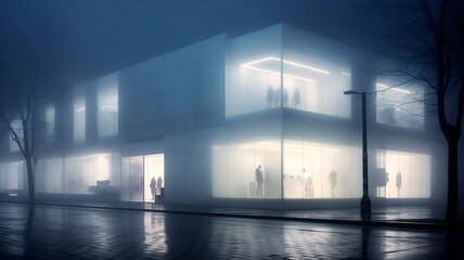 Obraz premium Modern, exclusive shop, foggy weather, white elements on the building, sophisticated, minimalistic. Generative AI
