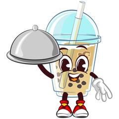 character mascot of a glass of iced boba with a cute face waiter serving food in lid, isolated cartoon vector illustration. emoticon, cute glass of iced boba mascot