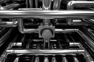 Metallic pipes intersecting at various angles and forming squared shapes. Generative AI