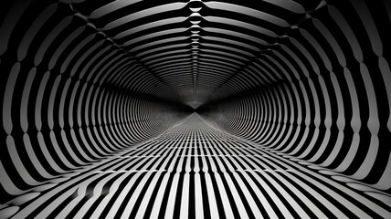 Sound waves with lines in black and white and endless tunnels. Generative AI