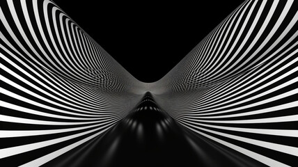 Sound waves with lines in black and white and endless tunnels. Generative AI