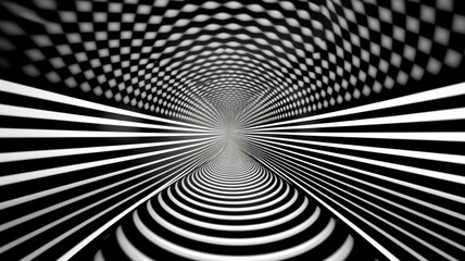 Sound waves with lines in black and white and endless tunnels. Generative AI