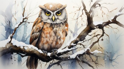 A watercolor painting of an owl sitting on a snowy branch, closeup of a bird's life