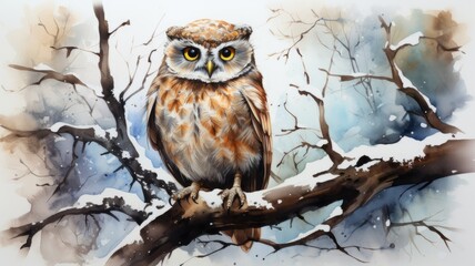 A watercolor painting of an owl sitting on a snowy branch, closeup of a bird's life
